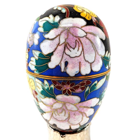 Old Cloisonne Enamel Hinged Egg Trinket Box with Stand  5" - Picture 3 of 8